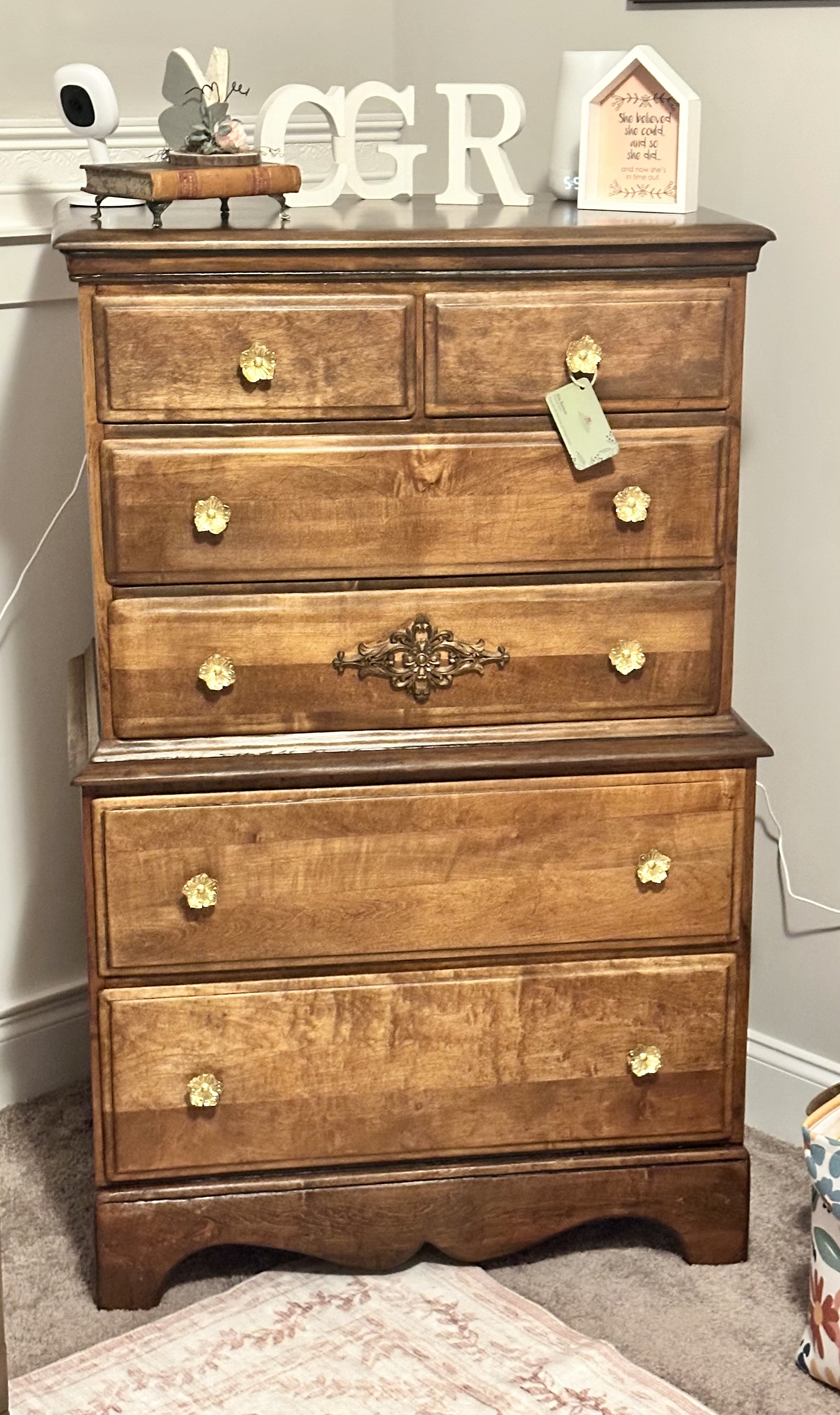 Restored antique chest of drawers with brass floral pulls